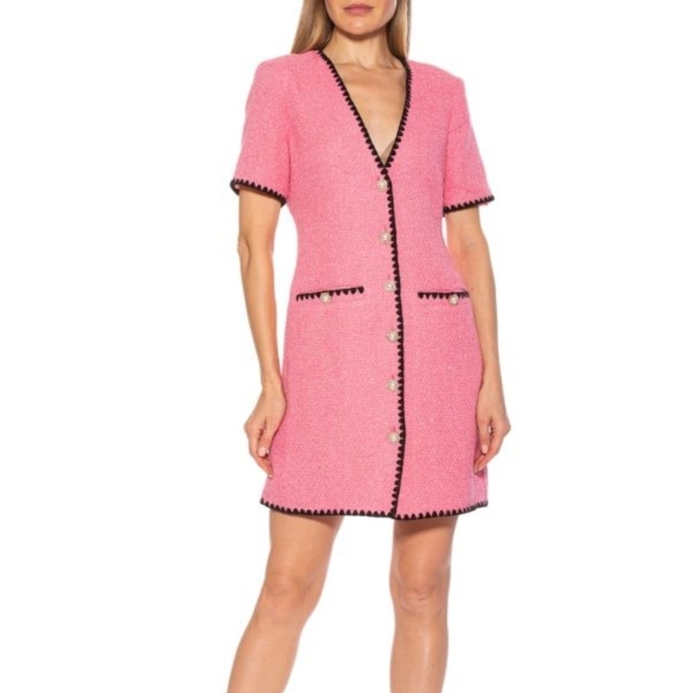 Alexia Admor Pink Shimmery V-Neck Pearl Button-Up Tweed Mini Sheath Dress Retro